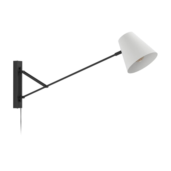 A white cone-shaped wall light with an extended adjustable black arm on a white background.