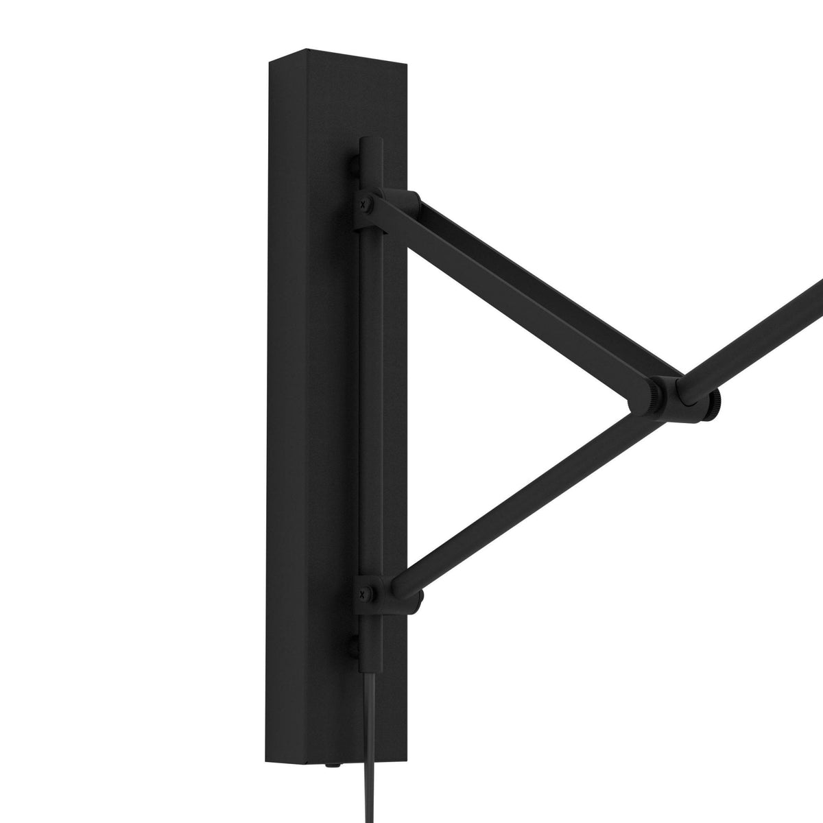 Close-up of the black mounting bracket and adjustable arm joints of the wall light.