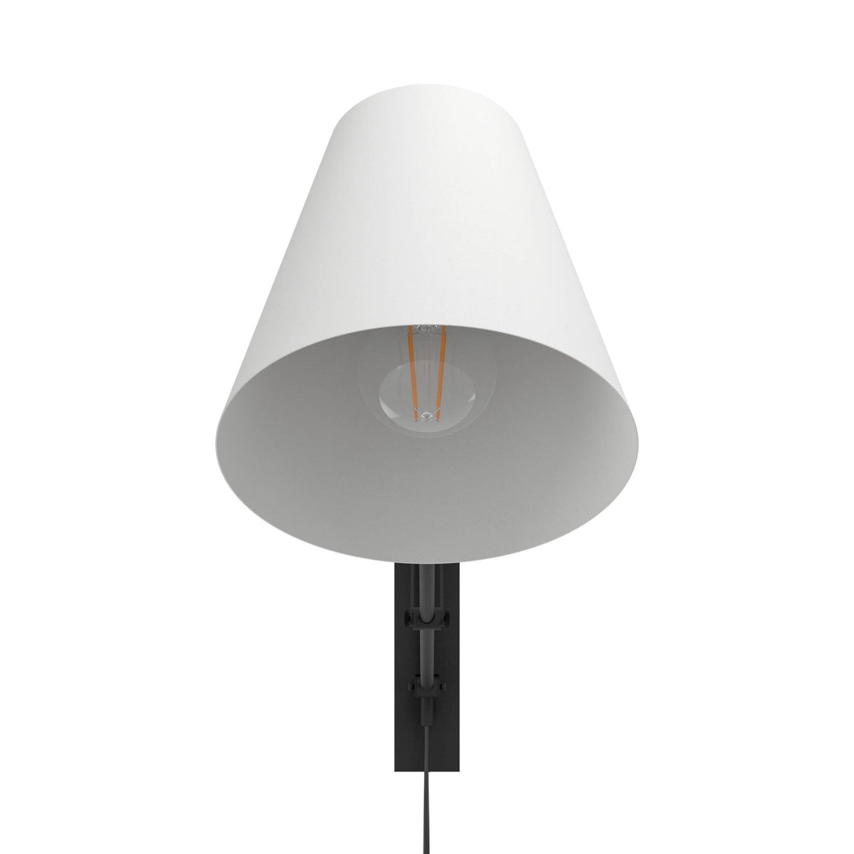 Front view of the white cone-shaped shade revealing the light bulb, attached to a black mount.