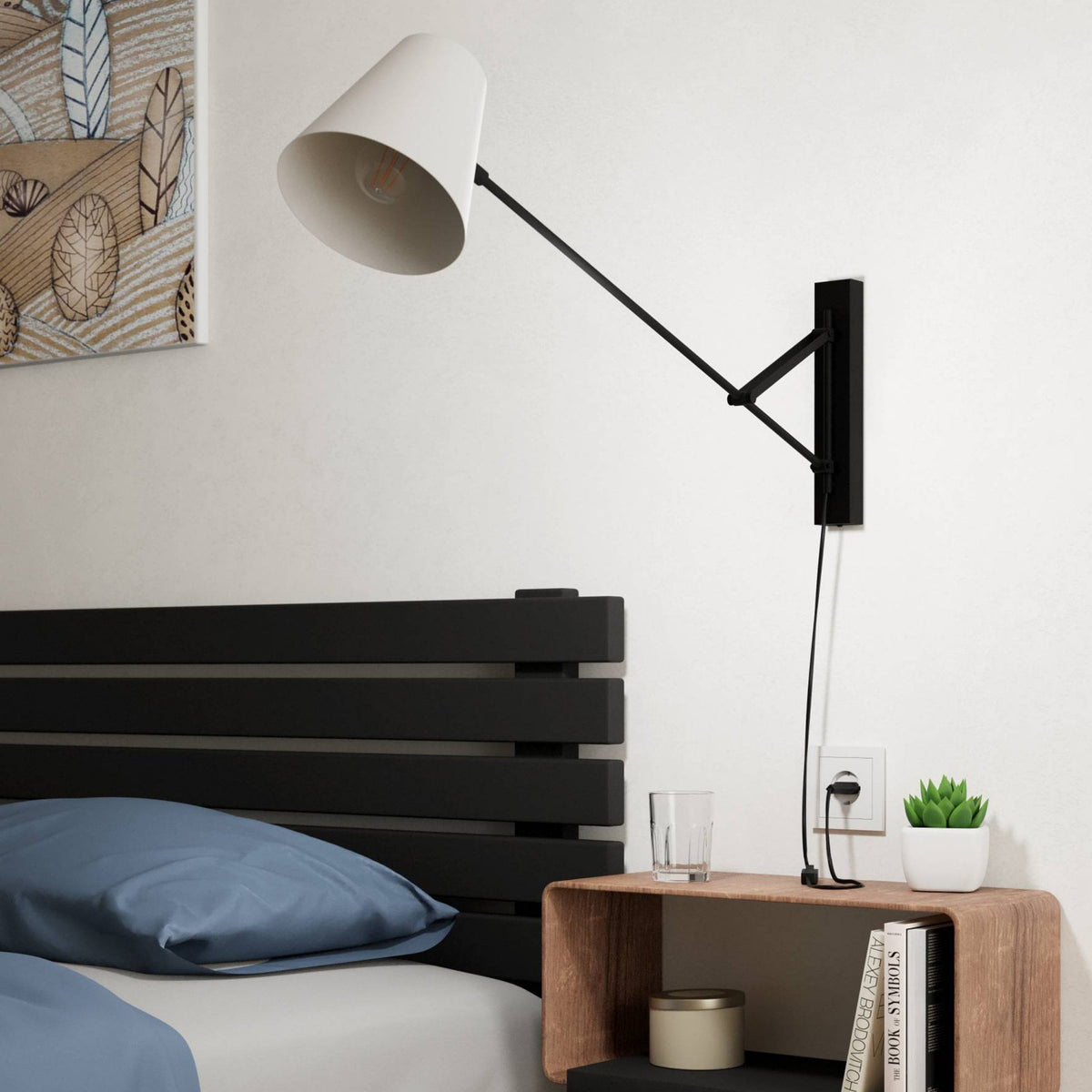 A white cone-shaped wall light with an adjustable black arm, illuminating a bedside table.