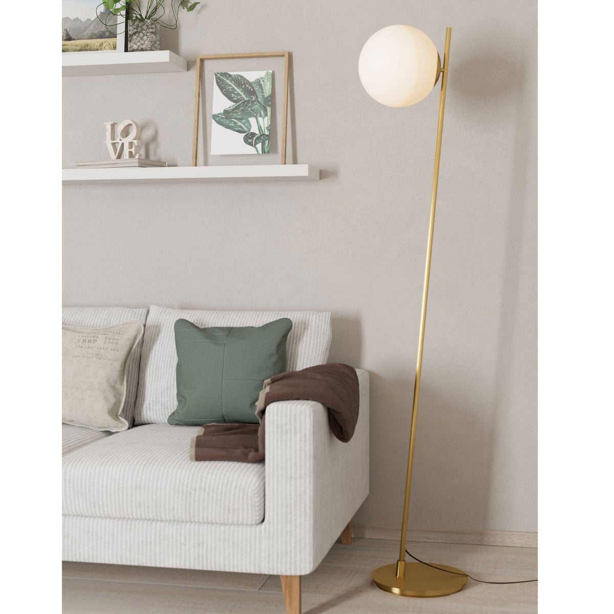 Rondo 4 Floor Lamp in Brushed Brass with Matt Opal Glass Shade
