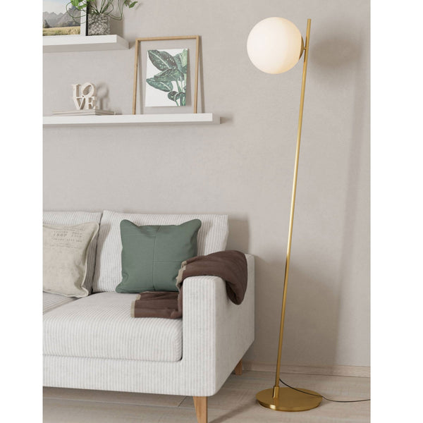 Rondo 4 Floor Lamp in Brushed Brass with Matt Opal Glass Shade
