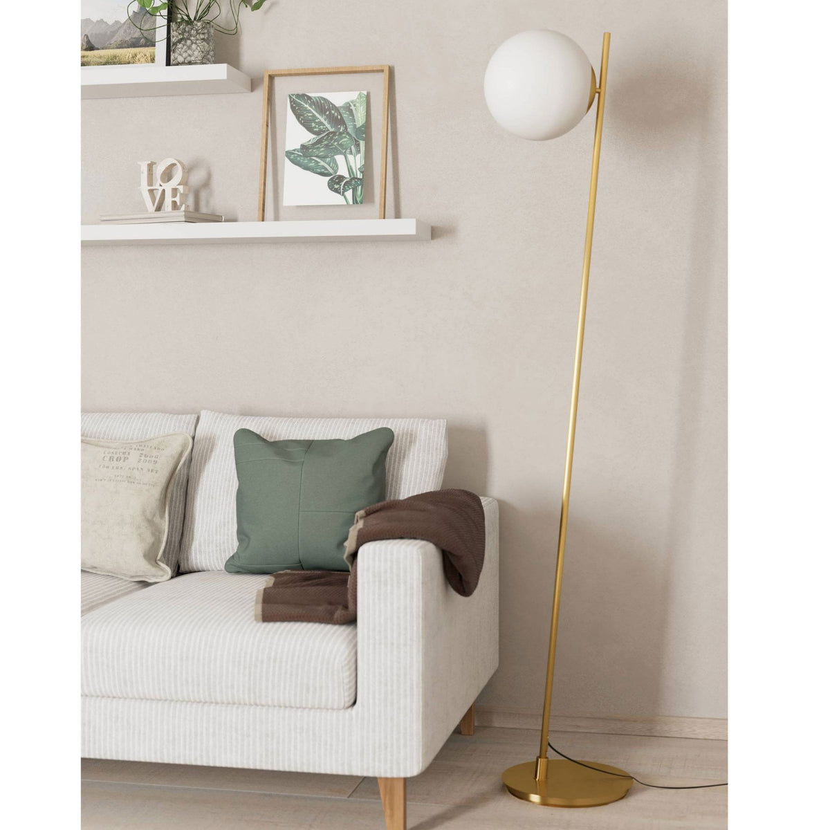 Rondo 4 Floor Lamp in Brushed Brass with Matt Opal Glass Shade