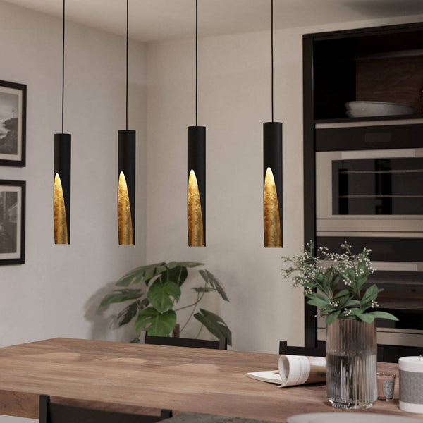 Barbotto Four Drop Linear Pendant in Black with Gold Inner Surfaces