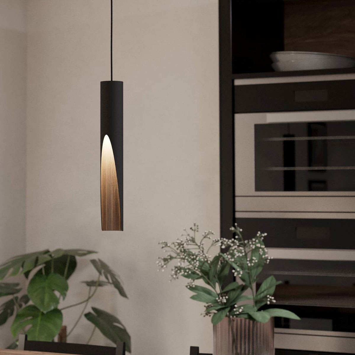 Barbotto Single Drop Pendant in Black with Oak-Effect Inner Surface