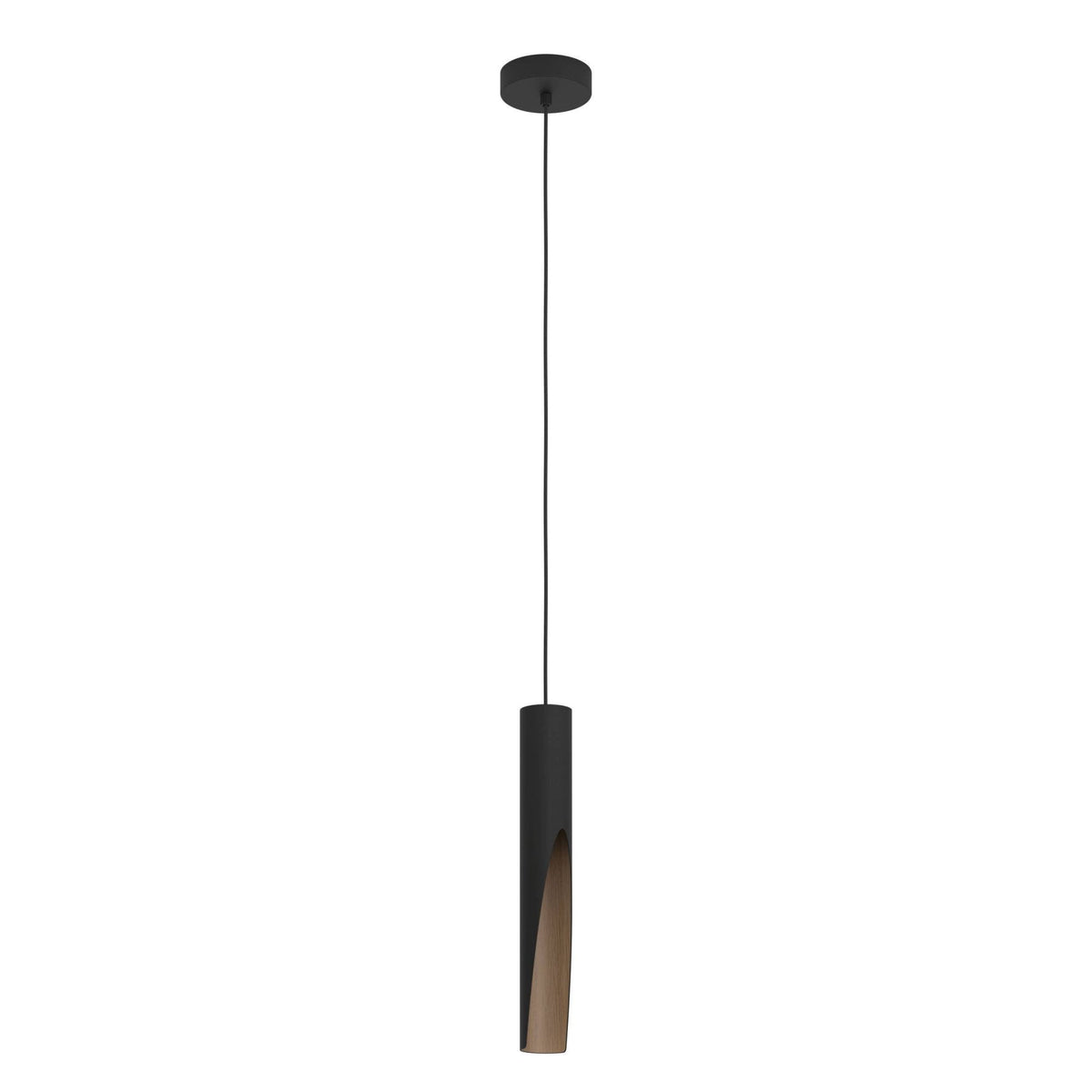 Barbotto Single Drop Pendant in Black with Oak-Effect Inner Surface