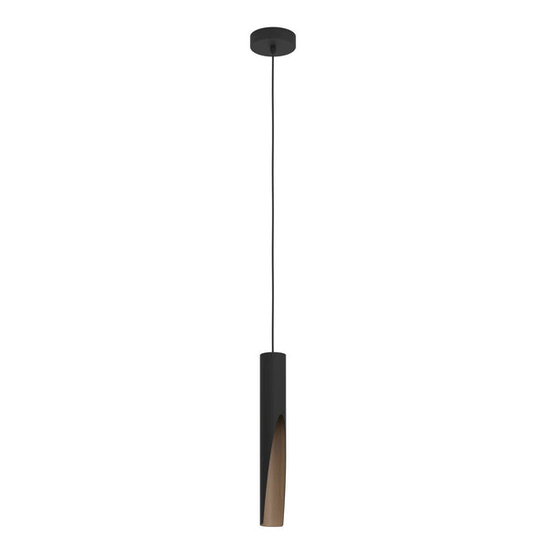 Barbotto Single Drop Pendant in Black with Oak-Effect Inner Surface