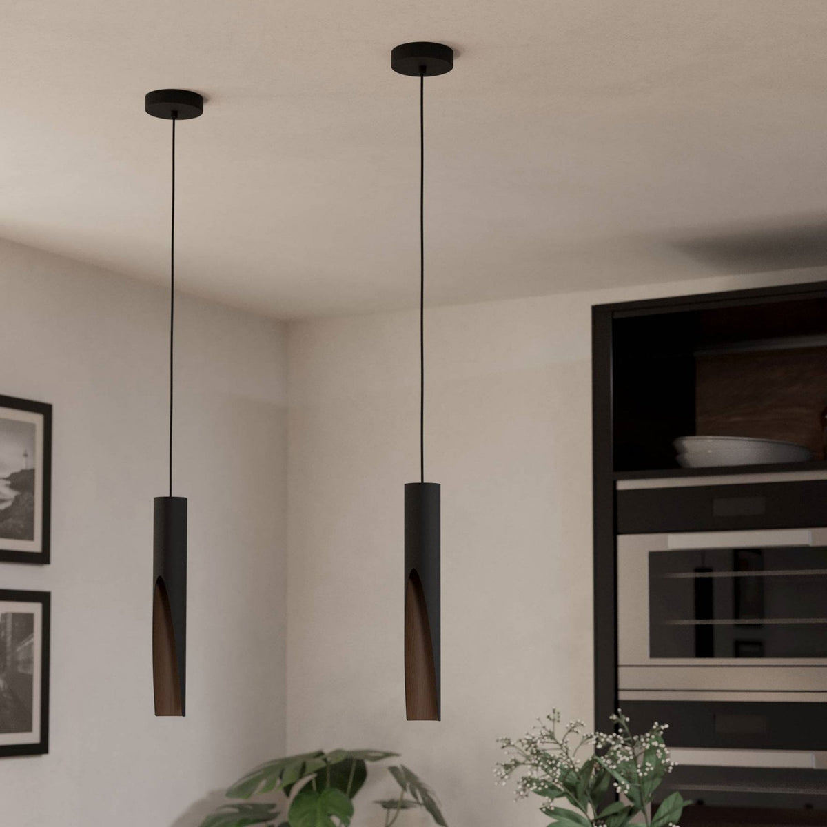 Barbotto Single Drop Pendant in Black with Oak-Effect Inner Surface