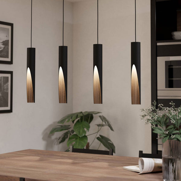 Barbotto Four Drop Linear Pendant in Black with Oak-Effect Inner Surfaces