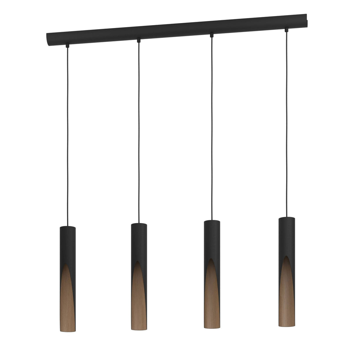 Barbotto Four Drop Linear Pendant in Black with Oak-Effect Inner Surfaces