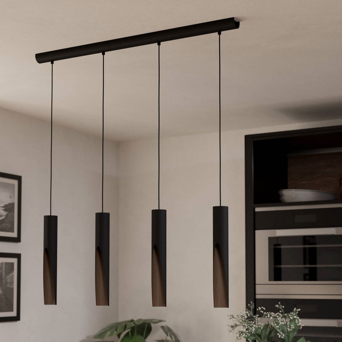 Barbotto Four Drop Linear Pendant in Black with Oak-Effect Inner Surfaces