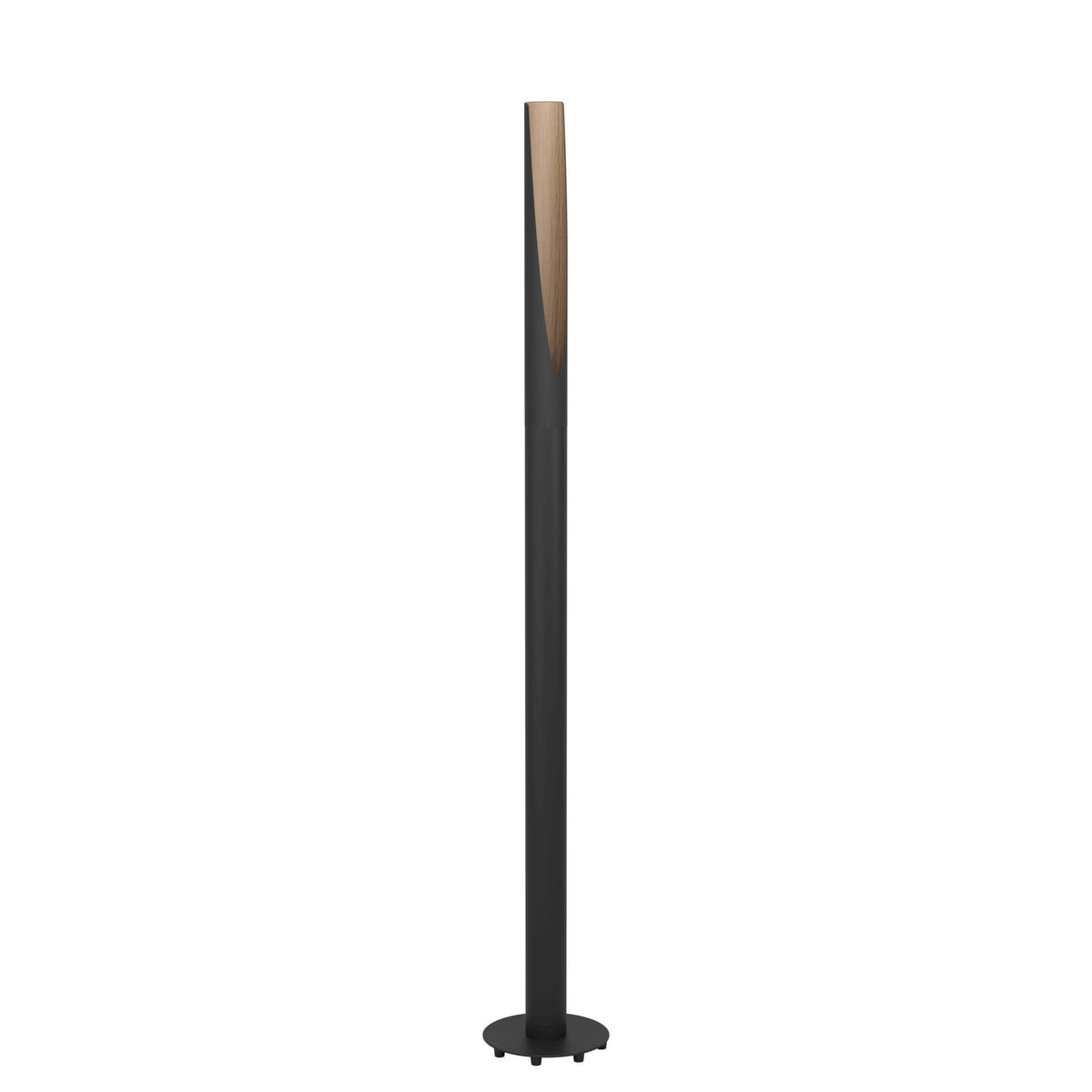 A sleek black floor lamp with a natural wood-effect insert on a white background.
