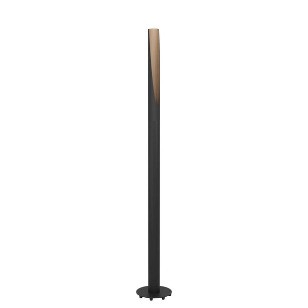 A sleek black floor lamp with a natural wood-effect insert on a white background.