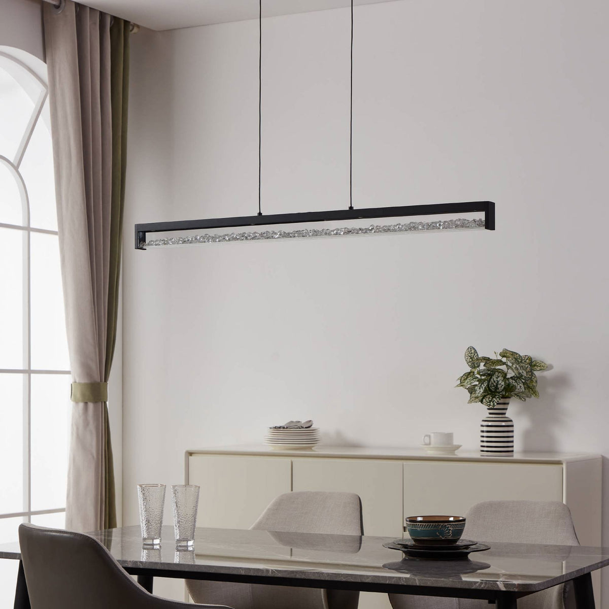 Cardito 1 LED Bar Pendant in Black with Clear Glass Crystal Design