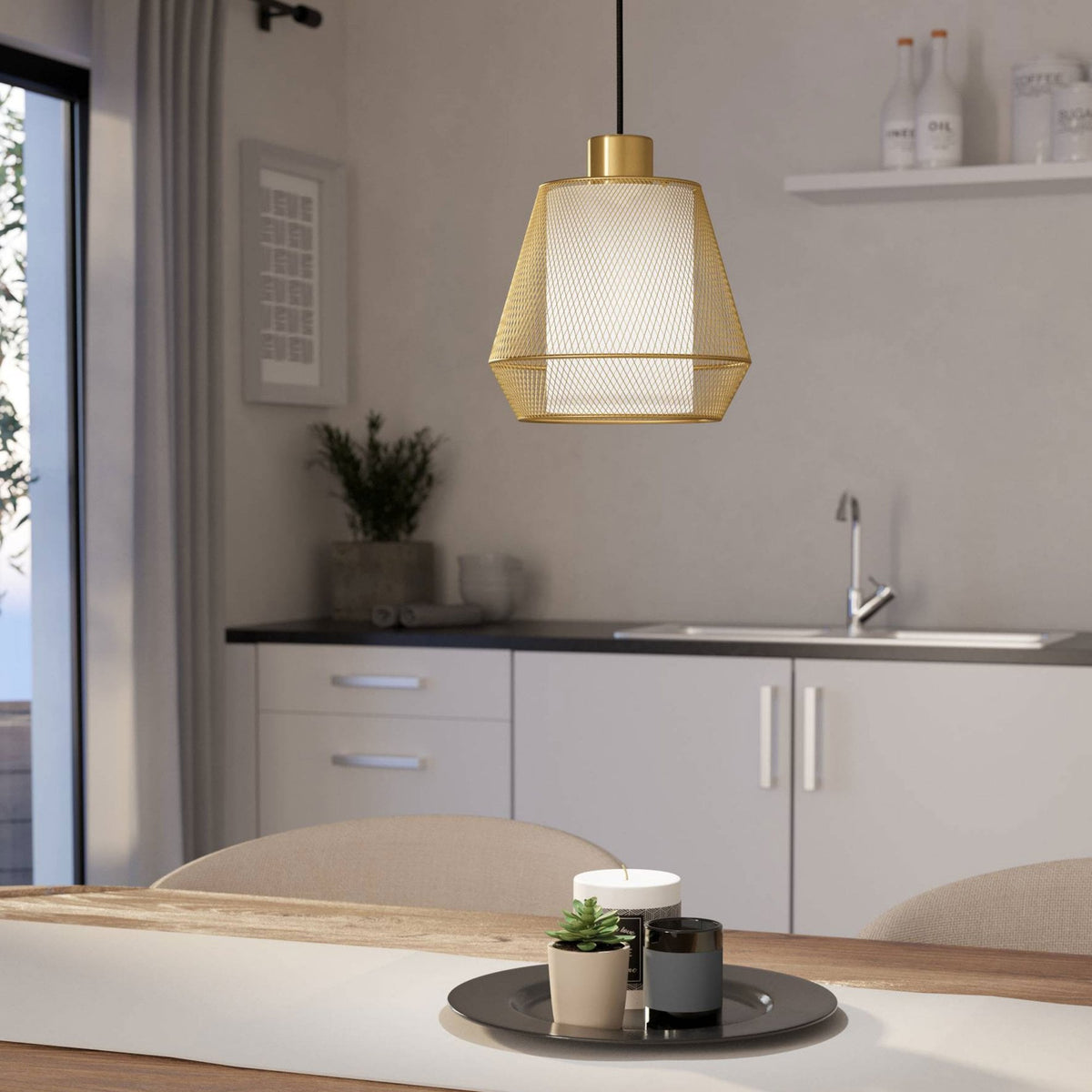 Ciudadela Single Drop Pendant in Brushed Brass with Inner White Fabric Diffuser