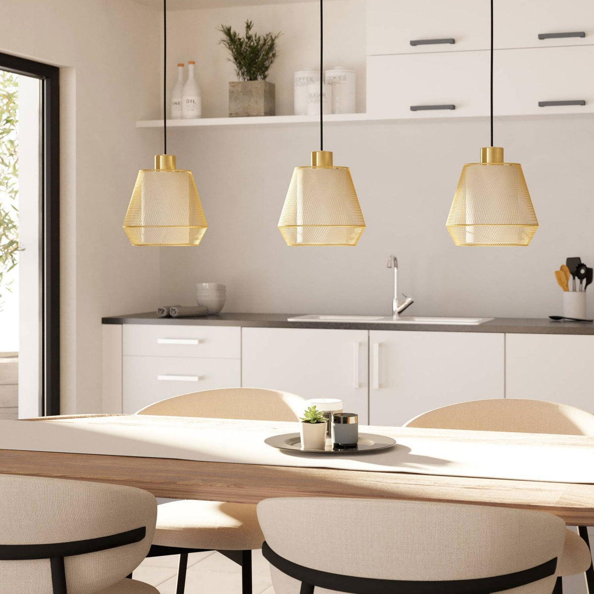 Ciudadela Triple Drop Linear Pendant in Brushed Brass with Inner White Fabric Diffusers