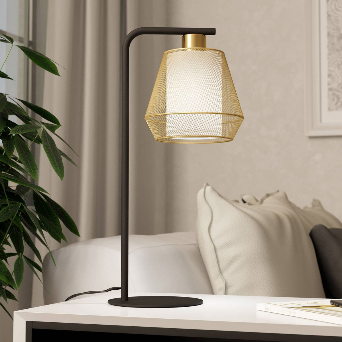 Ciudadela Table Lamp in Black with Brushed Brass Shade with Inner White Fabric Diffuser