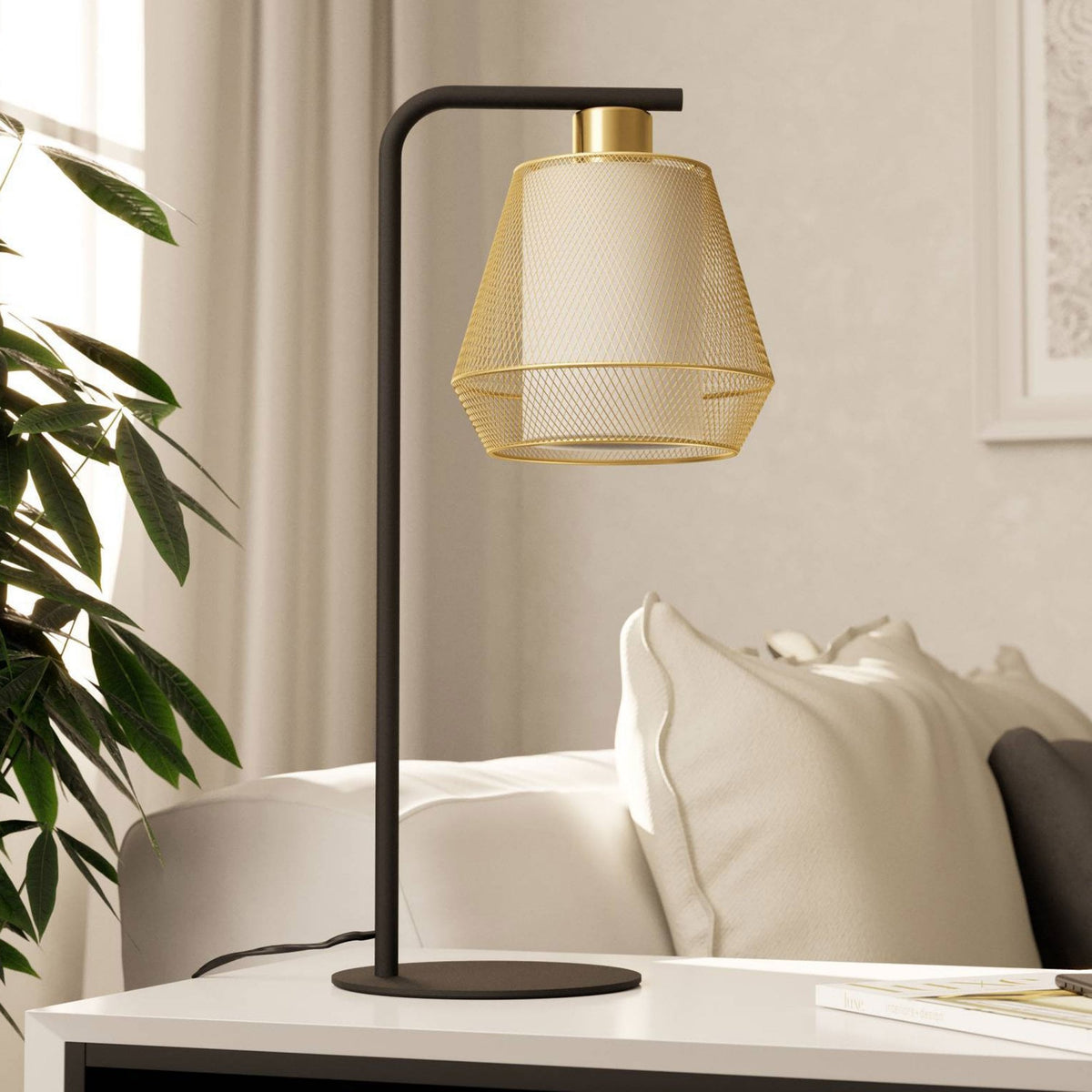 Ciudadela Table Lamp in Black with Brushed Brass Shade with Inner White Fabric Diffuser
