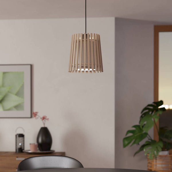 Fattoria Single Drop Pendant with Wooden Slats and Inner Fabric Diffuser