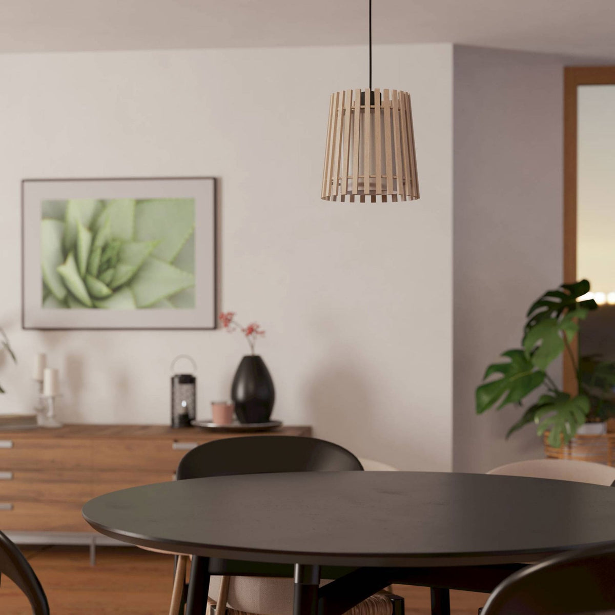 Fattoria Single Drop Pendant with Wooden Slats and Inner Fabric Diffuser