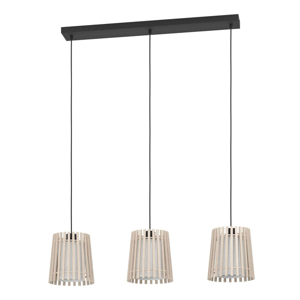 Trio of wooden slat pendant lights suspended from a black ceiling bar.