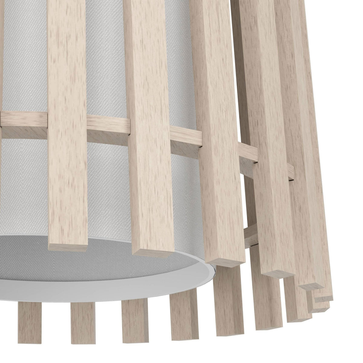 Close-up of a wooden slat pendant light with a white inner shade.