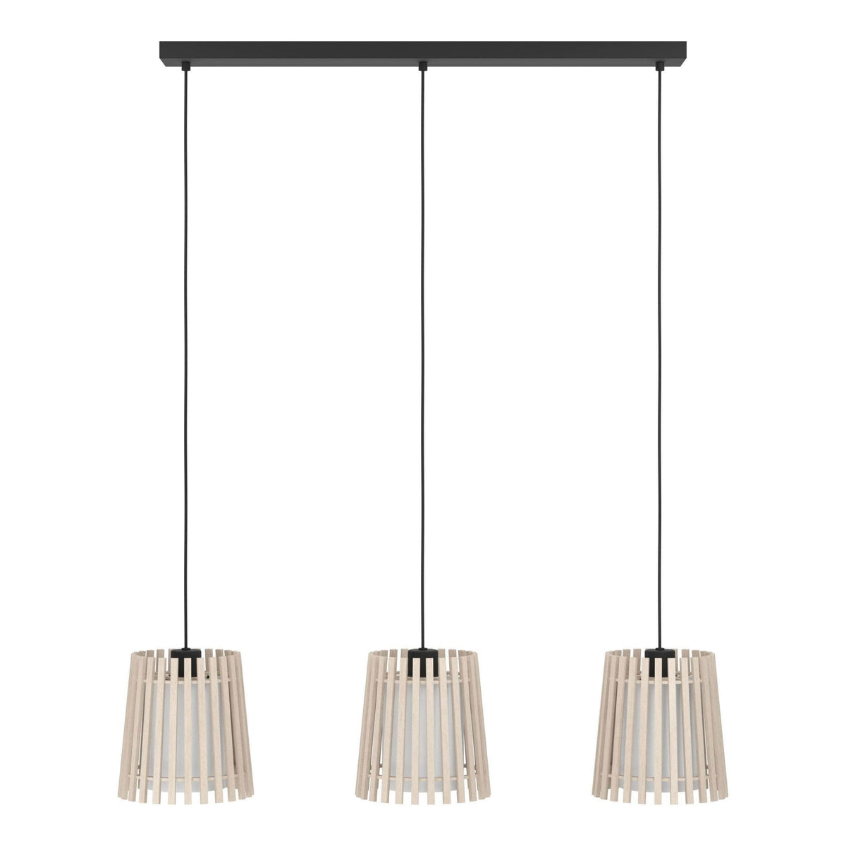 Three wooden slat pendant lights hanging from a black linear ceiling mount.