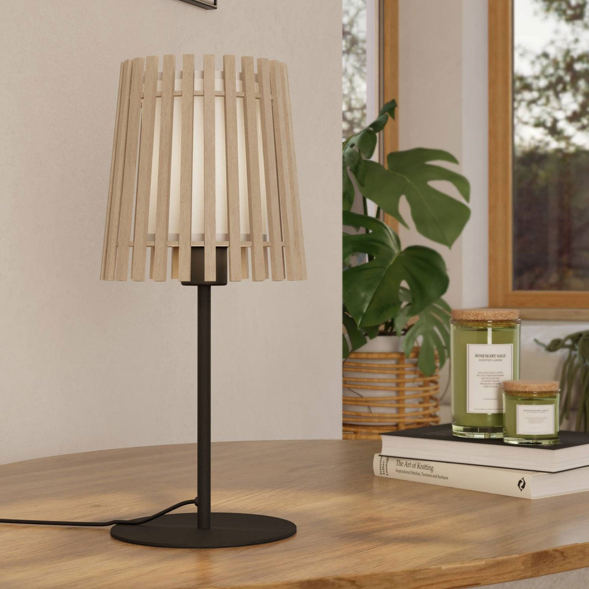 Fattoria Table Lamp with Wooden Slats and Inner Fabric Diffuser