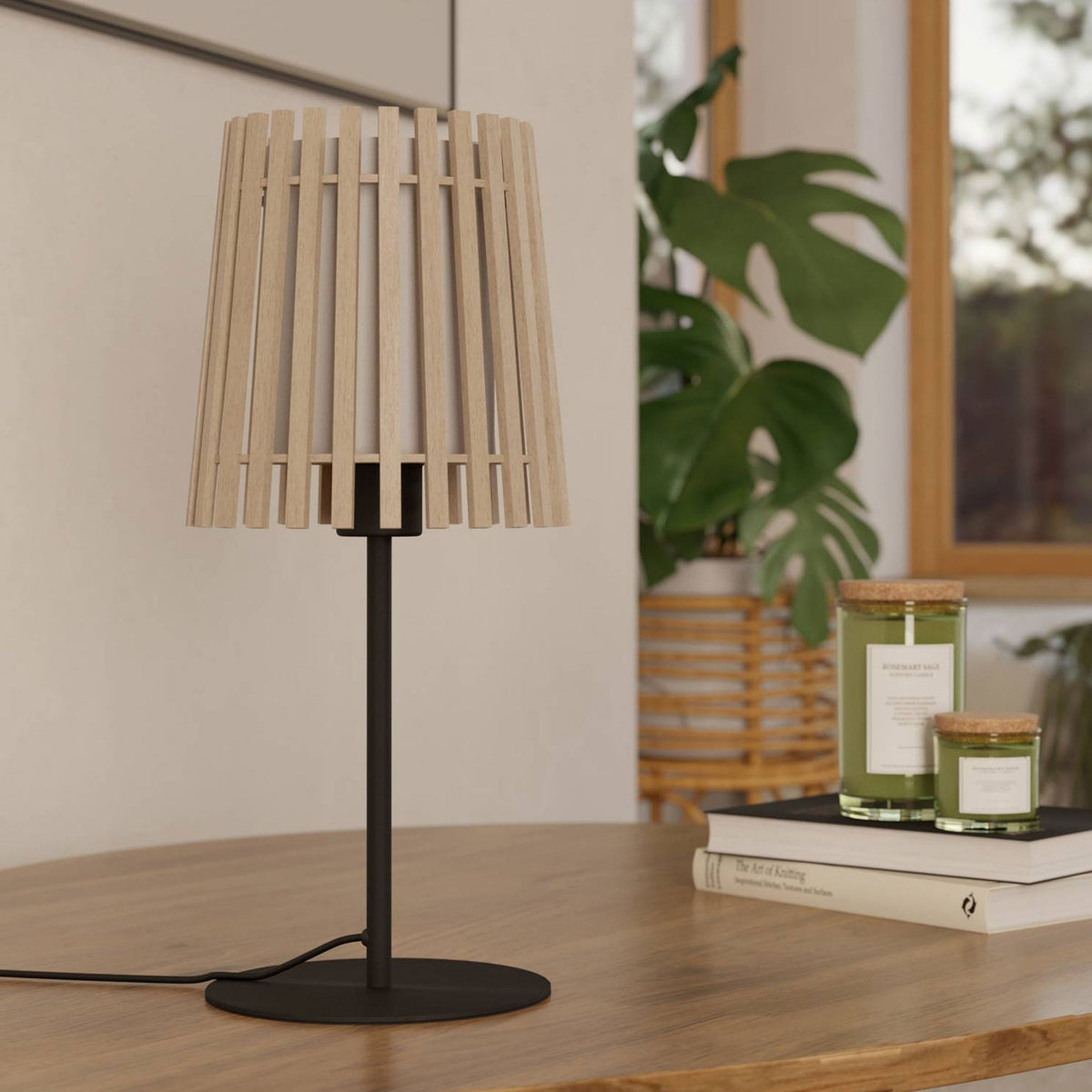 Fattoria Table Lamp with Wooden Slats and Inner Fabric Diffuser
