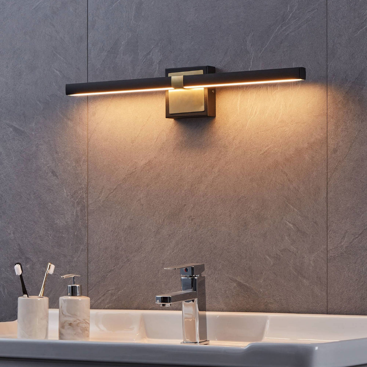 Peguera 600mm IP44 LED Bathroom Wall Light in Black & Brushed Brass