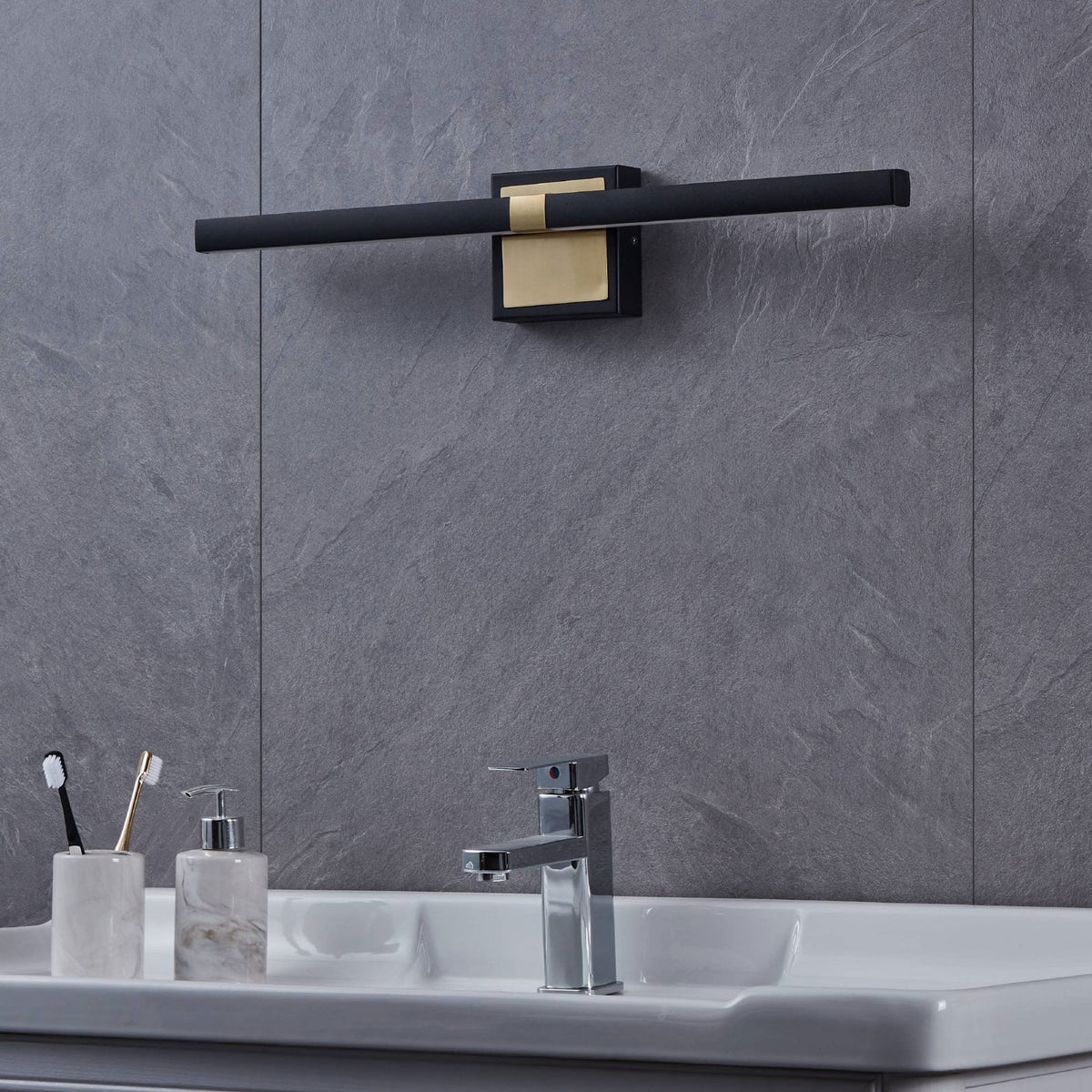 Peguera 600mm IP44 LED Bathroom Wall Light in Black & Brushed Brass