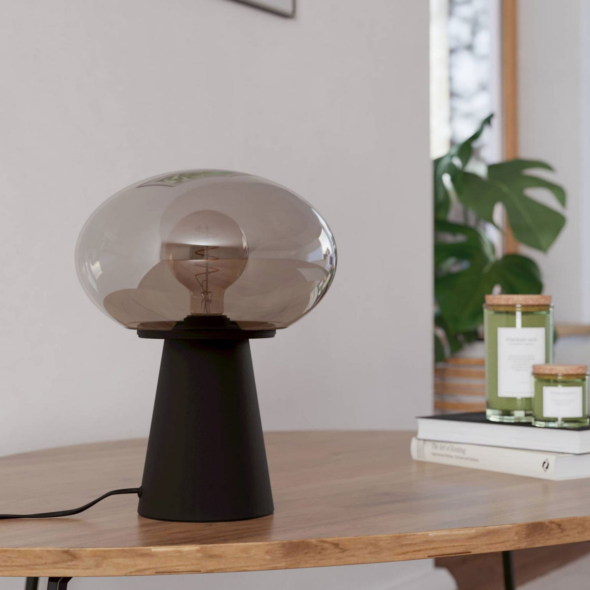 Madonnina Tall Table Lamp in Black with Vaporized Grey Glass Shade