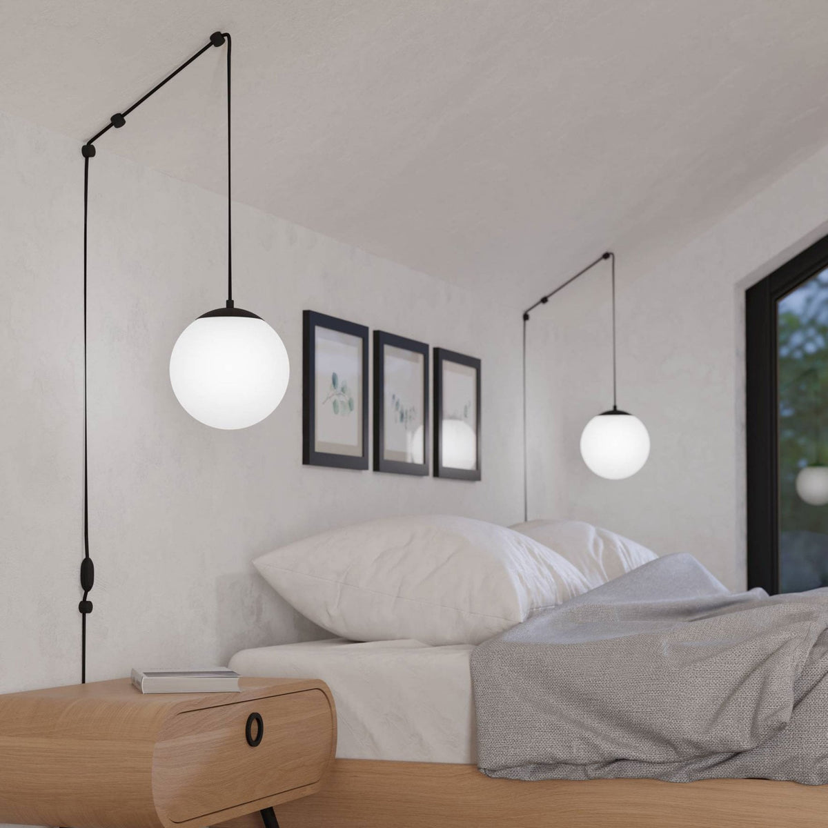 Rondo 3 Plug In Pendant in Black with Matt Opal White Glass Shade