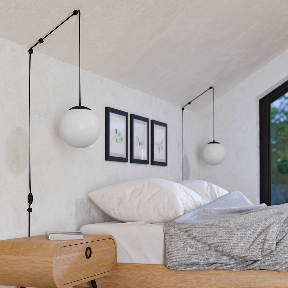 Rondo 3 Plug In Pendant in Black with Matt Opal White Glass Shade