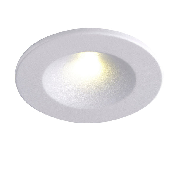 A white round recessed LED light fitting with a warm glow.