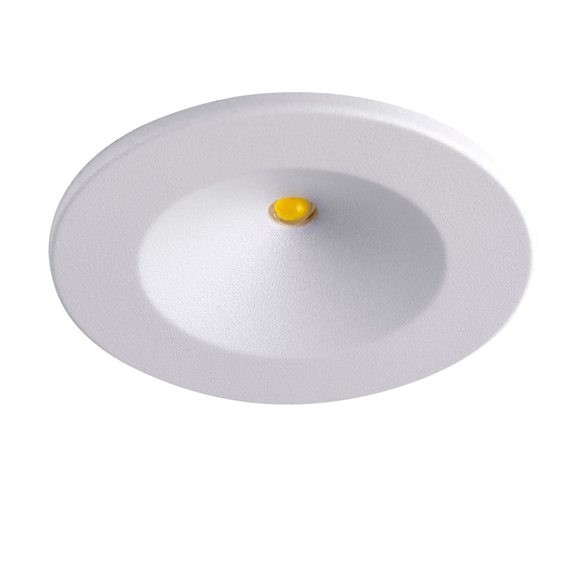 A white round recessed LED light fitting with a small yellow LED visible.