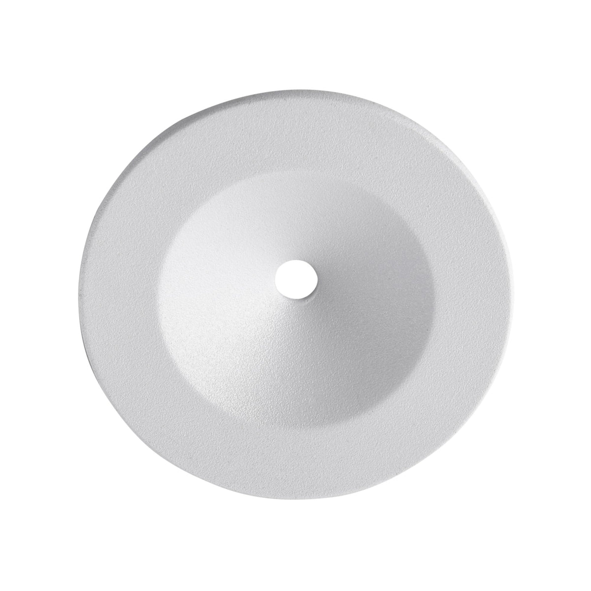 A white round recessed light fitting fascia with a small central hole.