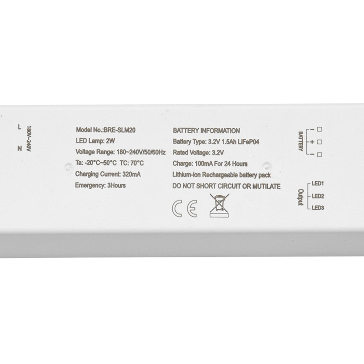 A white emergency lighting driver with visible specifications printed on it.