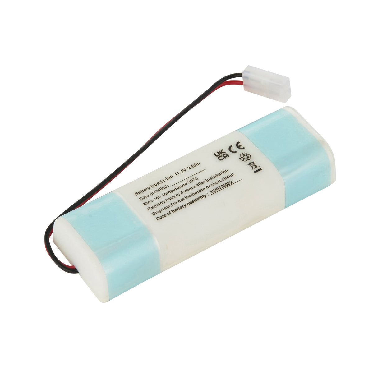 A white and blue emergency light battery.