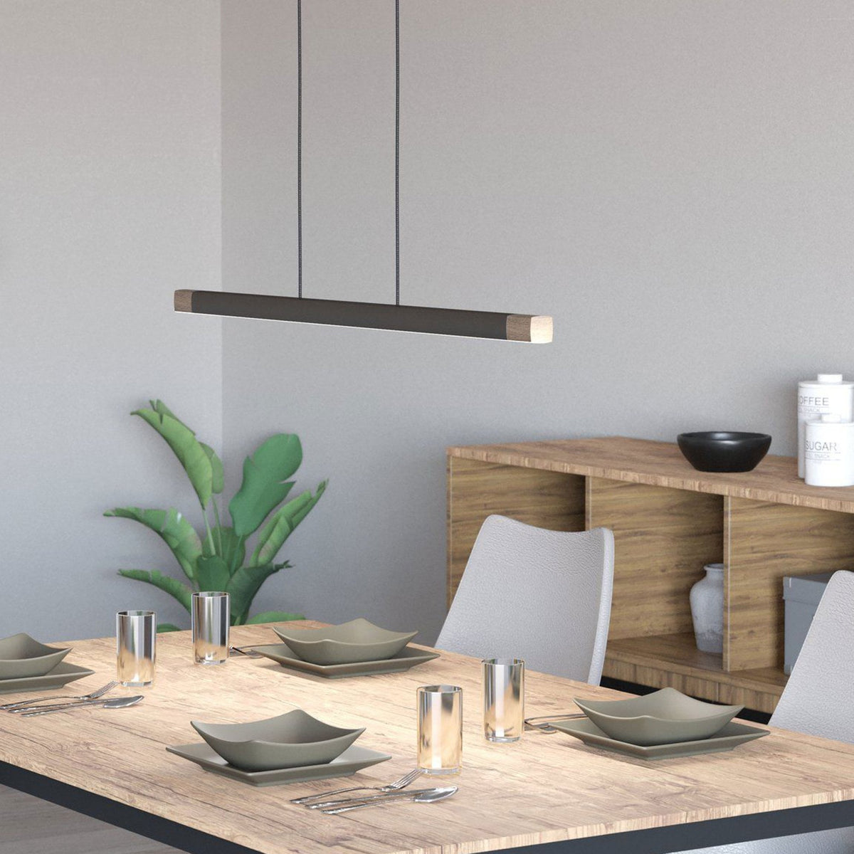 Eglo Lisciana 875mm Linear Pendant in Grey with Wooden Detailing over a dining table