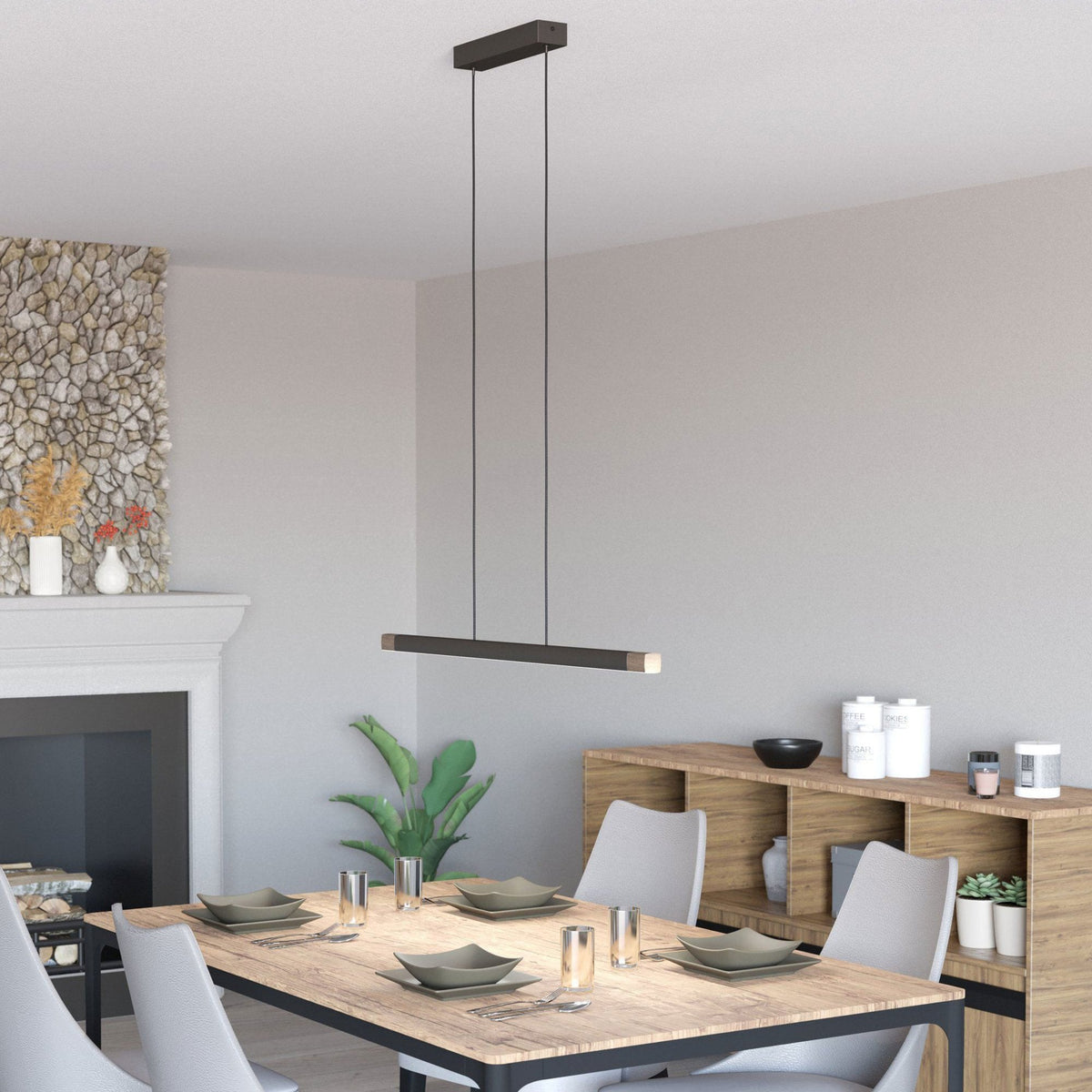 Lisciana 875mm Linear Pendant in Grey with Wooden Detailing