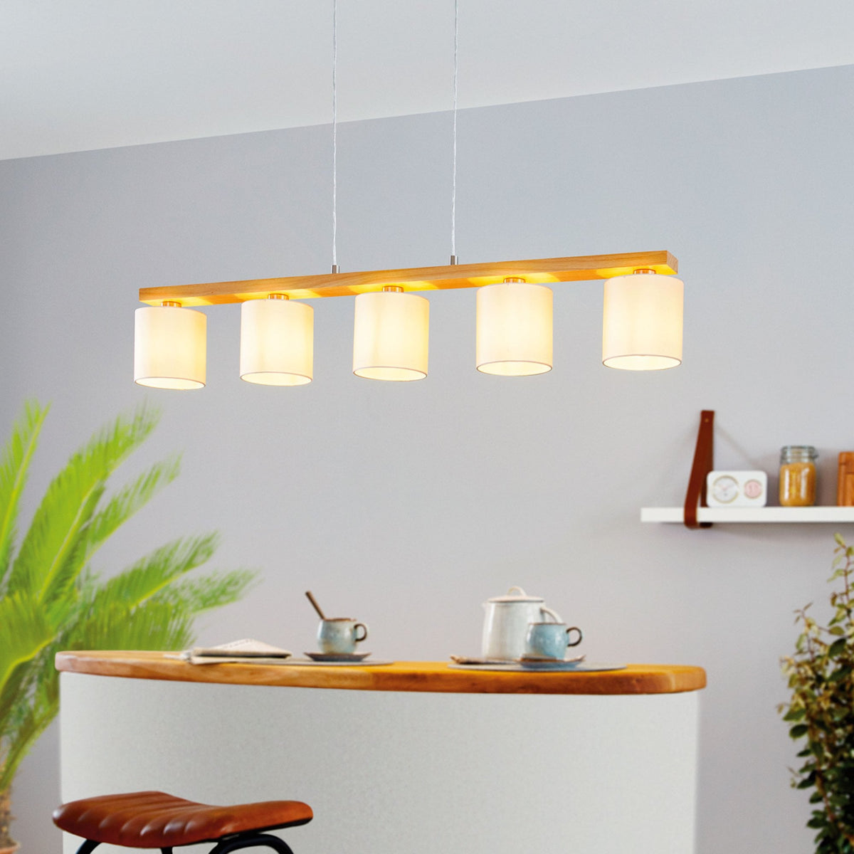 Castralvo Five Lamp Linear Pendant in Wood with White Fabric Shades