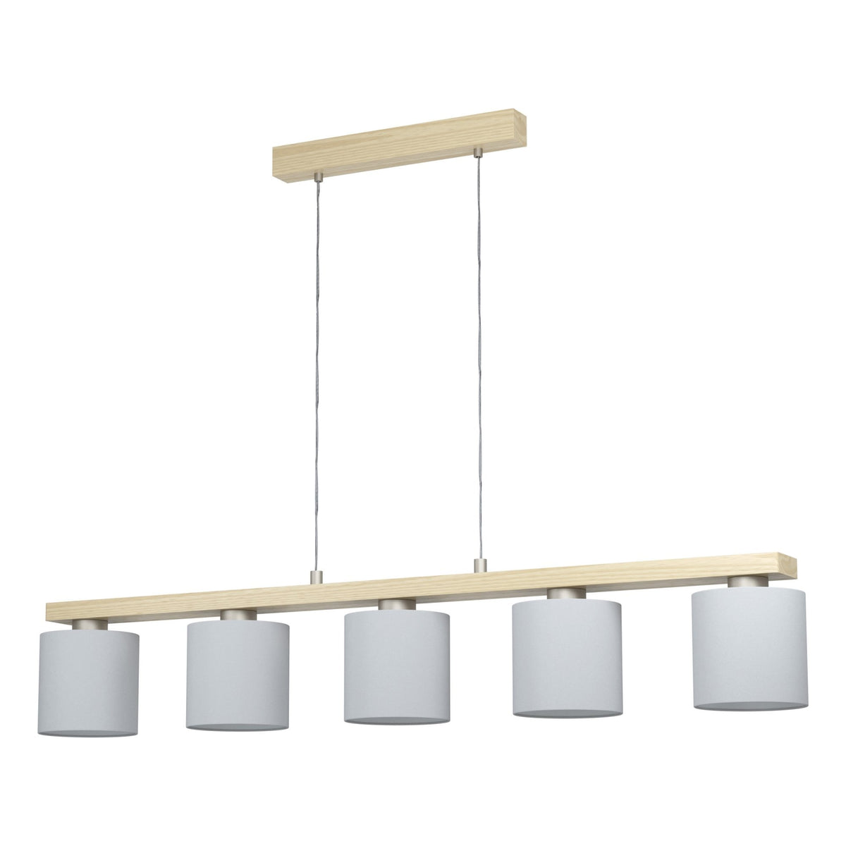 Castralvo Five Lamp Linear Pendant in Wood with White Fabric Shades