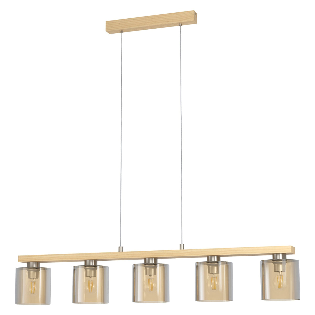 Castralvo Five Lamp Linear Pendant in Wood with Amber Glass Shades