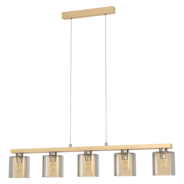 Castralvo Five Lamp Linear Pendant in Wood with Amber Glass Shades