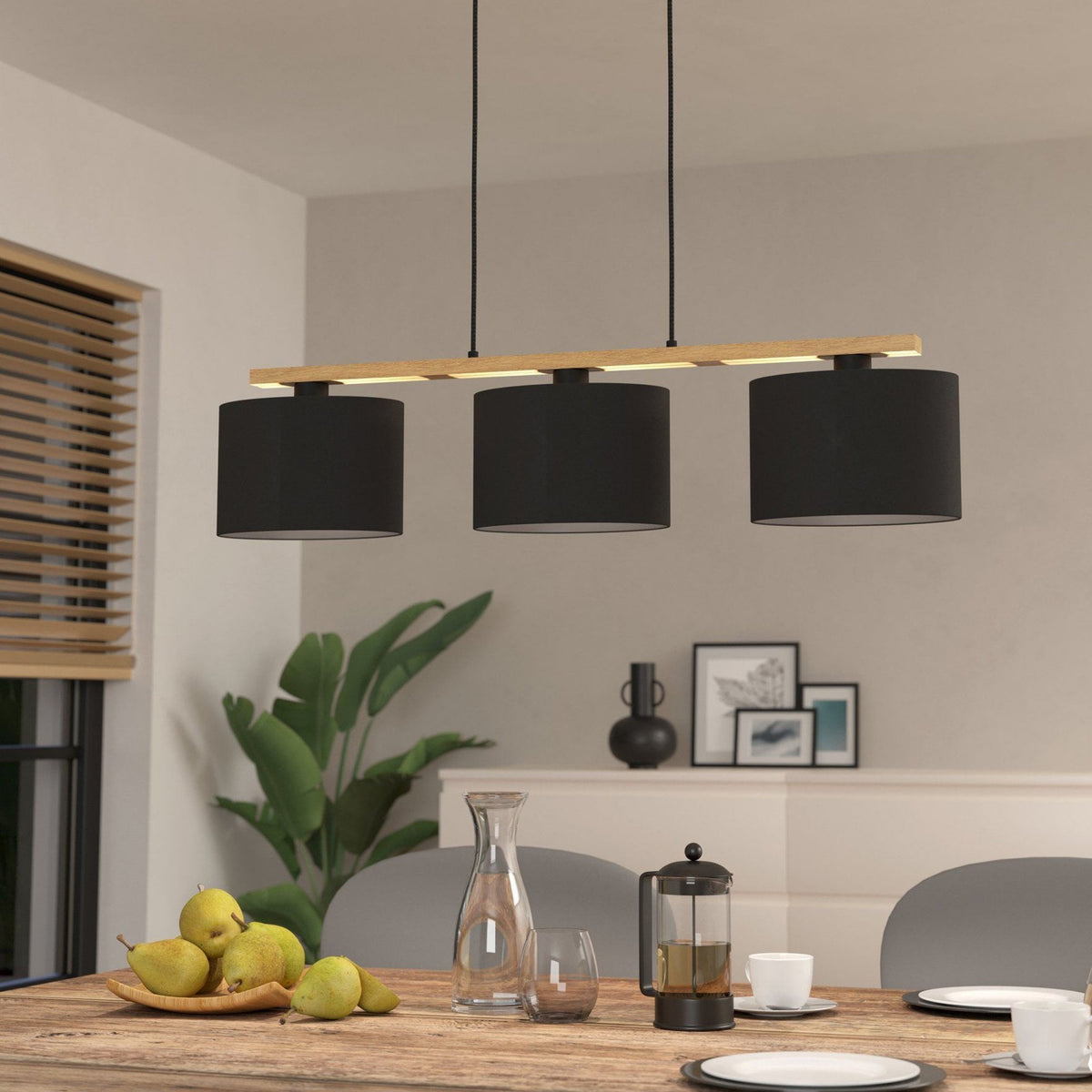 Castralvo Three Lamp Linear Pendant in Wood with Black Oval Fabric Shades