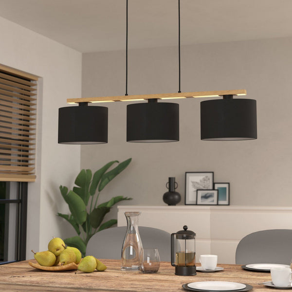 Castralvo Three Lamp Linear Pendant in Wood with Black Oval Fabric Shades