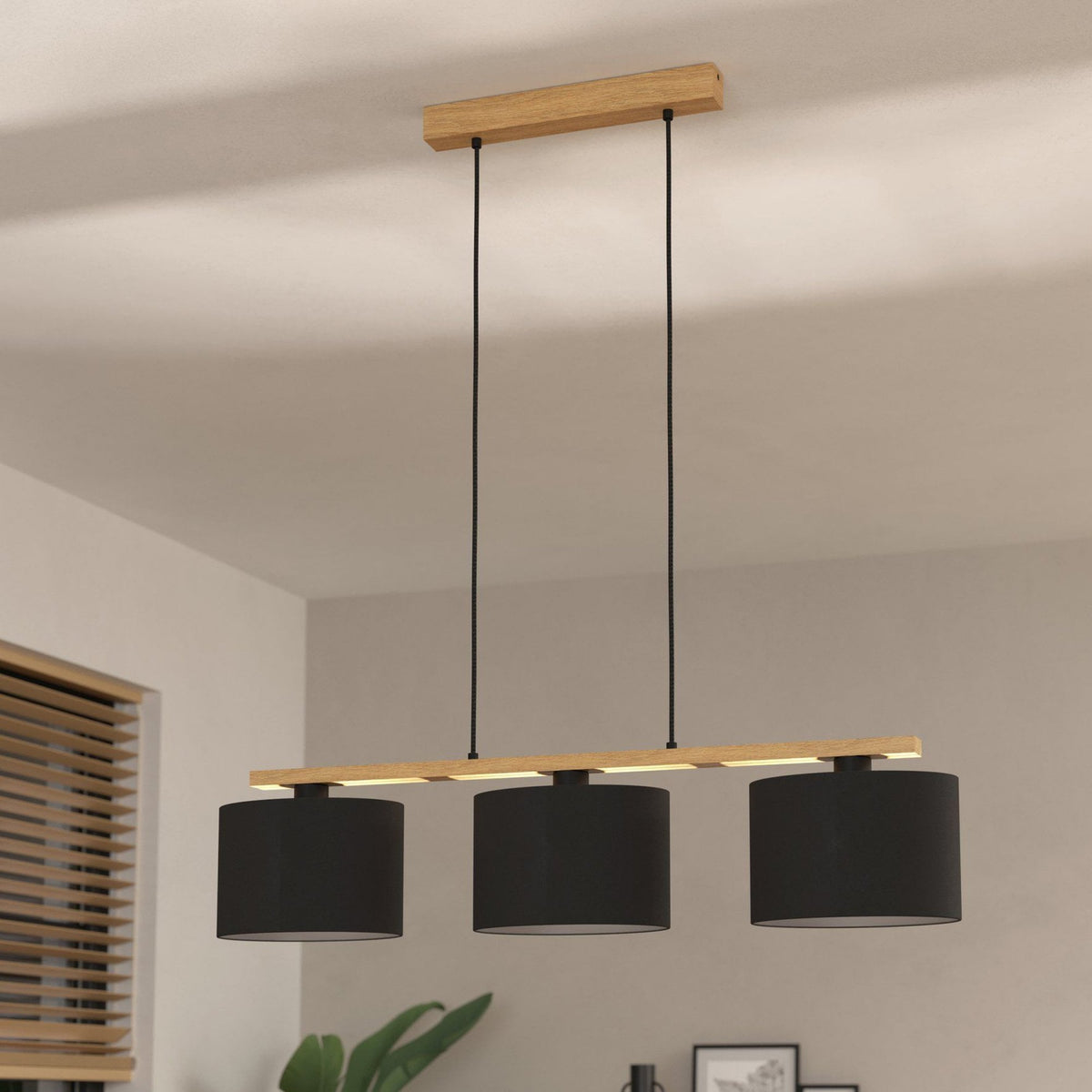 Castralvo Three Lamp Linear Pendant in Wood with Black Oval Fabric Shades