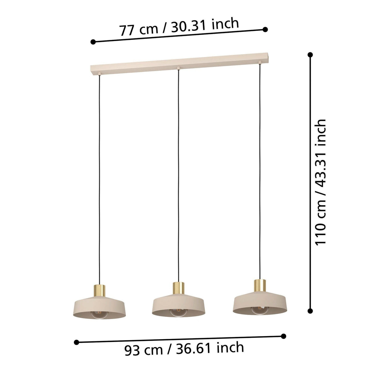 Valdiola Triple Drop Linear Pendant in a Sand Coloured Finish with Brushed Brass Detail