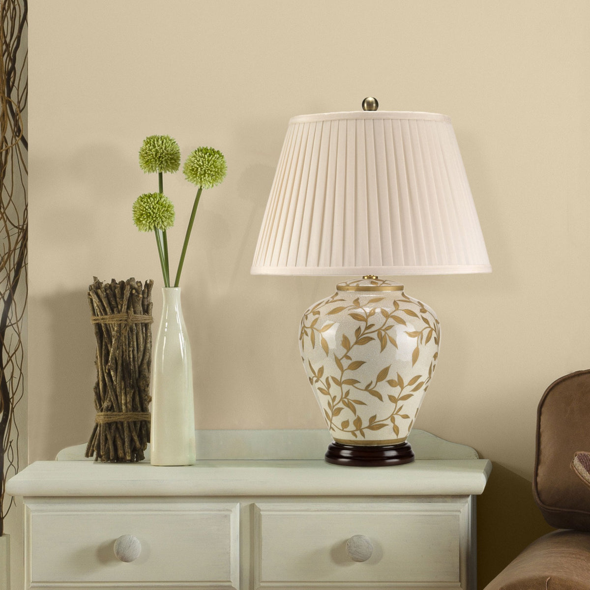 Elstead Lighting Leaves Table Lamp with brown and gold leaves and a cream crackle glaze